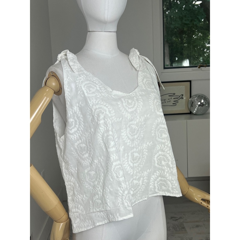Buru Tie Top Tank White Embroidered Cotton Lined Sleeveless XL New With Tags